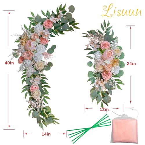 Lisuun Artificial Wedding Arch Flowers with Chiffon Runner, Pack of 3 | Includes 2 Flower Swags, 1 20ft Chiffon Runner and Zip Ties for Wedding Arches, Arbors and Backdrops - color: Fleshy Pink