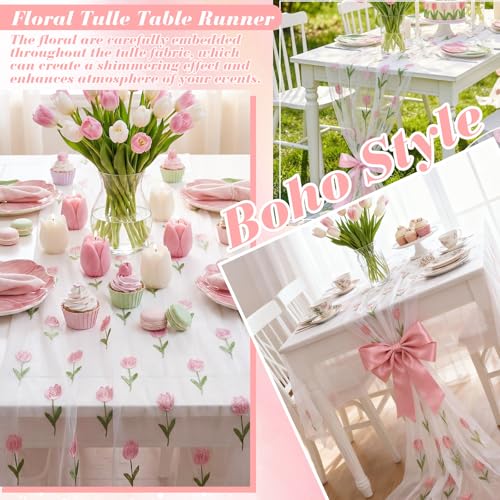 Mindsoft 3 Pcs Pink Floral Tulip Table Runner 10ft Gauze Embroidery Tulip Sheer Floral Tulle Easter Lace Table Runner for Wedding Bridal Baby Shower Holiday Dining Decor DIY - style: Tulip