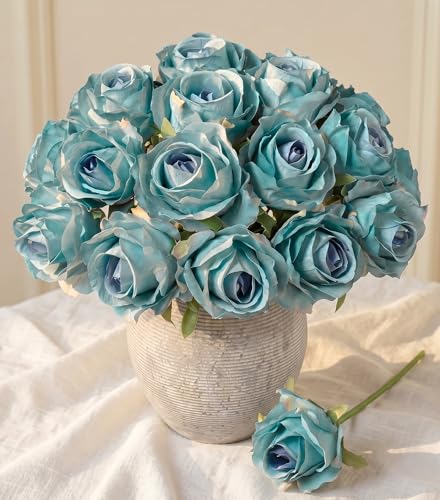 Ivydale 18pcs Blue Roses Artificial Flowers, Fake Roses Silk Flowers with Stems Realistic Bouquet for Mother's Day Wedding Party Home Decoration DIY Centerpiece Floral Romantic Gifts - color: Rose-blue