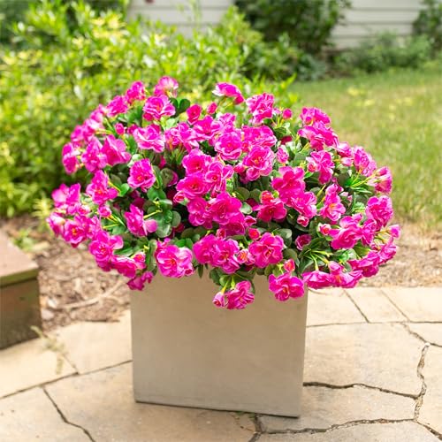 HyeFlora Artificial Faux Outdoor Flowers Plants for Spring Summer Decoration, Fake Silk Fuchsia Camellia UV Resistant Look Real for Planter Outside Front Door Porch Patio Balcony, 3 Large Bundles - color: Fuchsia