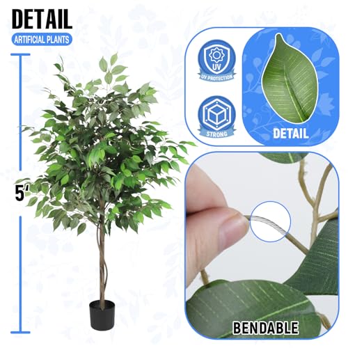 E&K 5FT Artificial Ficus Tree with Plastic Nursery Pot, Silk Faux Ficus Tree Artificial Plant for Home Office Garden Indoor Outdoor Decor (1 Pack) - color: Ficus Tree, size: 5ft