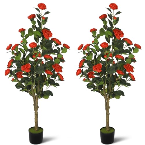 2-Pack 4FT Artificial Camellia Tree,Realistic Fake Potted Plants with Flowers&Planters,Indoor/Outdoor Faux Flowering Trees for Home,Office,Porch,Wedding,and Housewarming Gift Decor,Red - color: Red