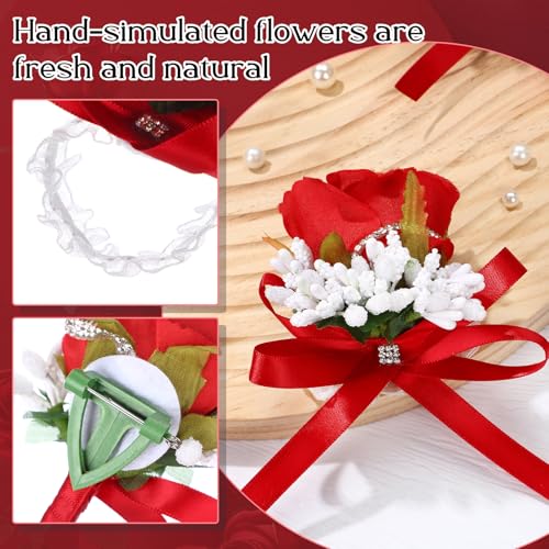 Geosar 20 Pcs Wedding Red Corsage and Boutonniere Set Homecoming Artificial Corsage Wristlet and Boutonniere for Men Women Bride Bridesmaid Wedding Flowers Accessories Prom Suit Decorations - color: Red