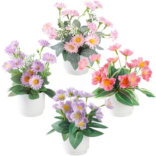 Boho Style 4-Piece Silk Flower Arrangement | Realistic Artificial Plants with Vase | Daisy & Lily Pots | No Maintenance Required