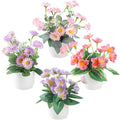 Boho Style 4-Piece Silk Flower Arrangement | Realistic Artificial Plants with Vase | Daisy & Lily Pots | No Maintenance Required
