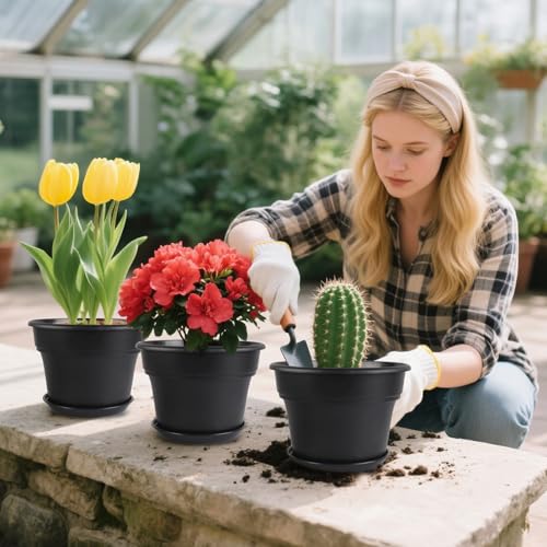 Myfeegoin 6-inch-Plant-Pots-Indoor-Outdoor, 6 Pack Plastic Planters with Drainage Holes & Saucers, Resin Flower Pots with Trays, Classic Garden Pot Container for House - color: Black, size: 6inch