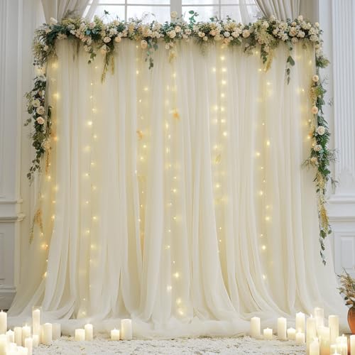 10ft x 10ft Ivory Backdrop Curtain with Lights String for Parties, Sheer Tulle Wedding Photo Backdrops Drapes for Baby Shower Birthday Party Decorations Background for Photography - color: Ivory, size: W5' x H10'(2 panels)