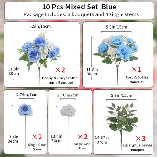 10 Pcs Mixed Artificial Flowers Set, Artificial Peony Bouquet Fake Rose Flower Silk Floral Arrangements for Table Centerpiece Home Wedding Party Bridal Vase Decoration(Blue, 6 Bouquets & 4 Stems) - color: Blue & White, size: Mixed 10pcs
