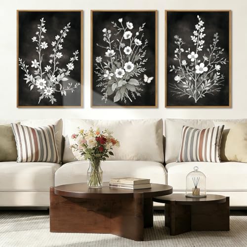 BINCUE Framed Black and White Floral Wall Art Set of 3 Botanical Wall Decor Flowers Paintings Botanical Art Prints White Floral Wall Pictures Black Artwork for Living Room Bedroom Office Farmhouse 16x24 Inches - color: Black White Flower, size: 24"L x 16"