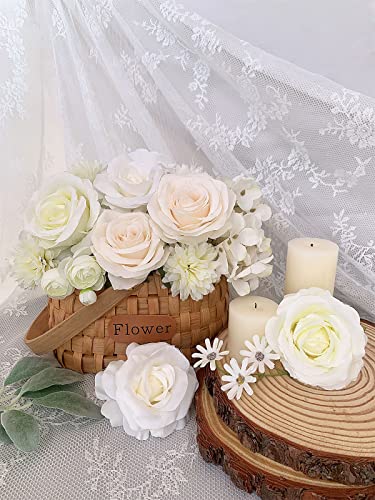 FACINOC Roses Artificial Flowers White Fake Flower Bulk for DIY Wedding Bouquet Bridal Baby Shower Decorations Party Table Centerpiece Silk Floral Arrangements Home Decor Indoor Cream Ivory Box - color: White, Ivory, Cream