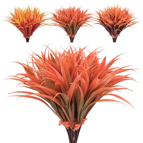 8 pcs Fall Artificial Flowers for Outdoors Fake Orange Fall Grass Plants Yellow Faux Mum Greenery Bushes for Autumn Outside Front Porch Patio Garden Plastic Mums Shrubs Decor - color: Orange Green Grass Plant, size: 8pcs