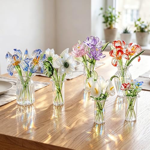 FoldTier 42 Pcs Mini Glass Flower Decoration Hand Blown Glass Flower Figurines Collectible Ornaments with Vase for Mothers Day Birthday Table Centerpiece Garden DIY Craft(Style 2) - style: Style 2
