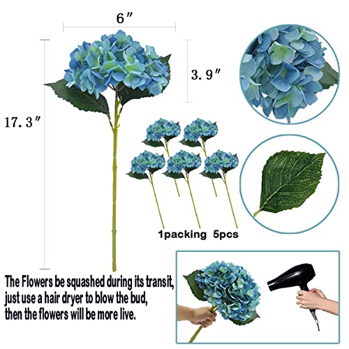 5Pcs Artificial Fake Flowers Plants Silk Hydrangea 1 Flower Head Arrangements Wedding Bouquets Decorations Plastic Floral Table Centerpieces Home Kitchen Garden (Dark Blue) - color: Dark Blue