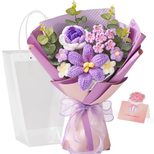 Alecono Crochet Flower Bouquet, Purple Knitted Flowers, Handmade Bouquet of Flowers for Lover Anniversary Birthday Party Mother's Day Graduation Teacher's Day Gifts (Include Card) - color: Purple B