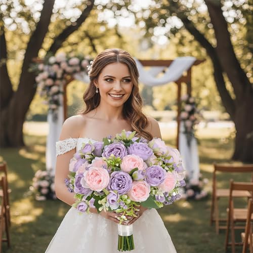 12 Bundles Peonies Artificial Flowers Bouquet, Lifelike Silk Fake Peonies with Stems for Home Table Centerpieces, Wedding, Party & DIY Bridal Floral Arrangements（Light Purple） - color: Light Purple