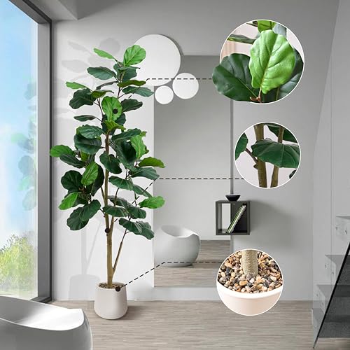 Artificial Fiddle Leaf Fig Tree 6FT, 72 Inch Tall Faux Ficus Lyrata Fake Floor Plant with White Planter & Pebbles, Large Realistic Fig Tree for Indoor Home Office Living Room Decor - color: White, size: 6FT