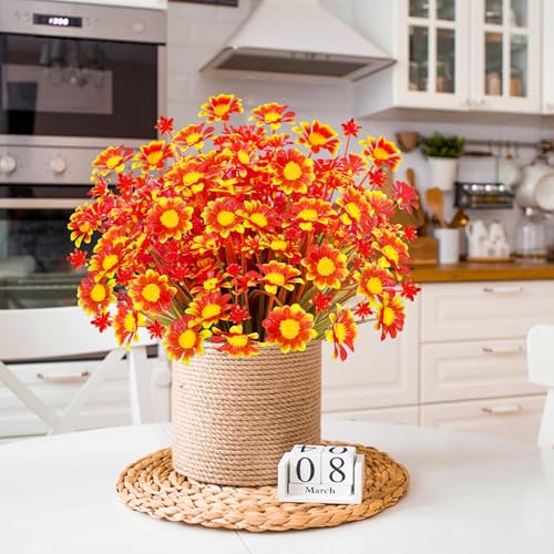 8 Bundles Artificial Daisy Fall Flowers for Outdoor UV Resistant Fall Decor | Faux Orange Flowers Plastic Greenery Shrub Fake Mums Flowers Plants for Home Garden Porch Patio Summer Fall Decorations - color: Orange, size: 8 Bundles