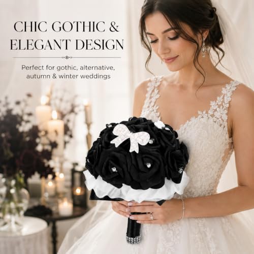 MAGICLULU Elegant Black Bridal Wedding Bouquet with Chic Artificial Foam Flowers, Artificial Holding Flowers for Brides and Bridesmaids, Ideal for Weddings, Parties, 9.44X6.29X6.29in