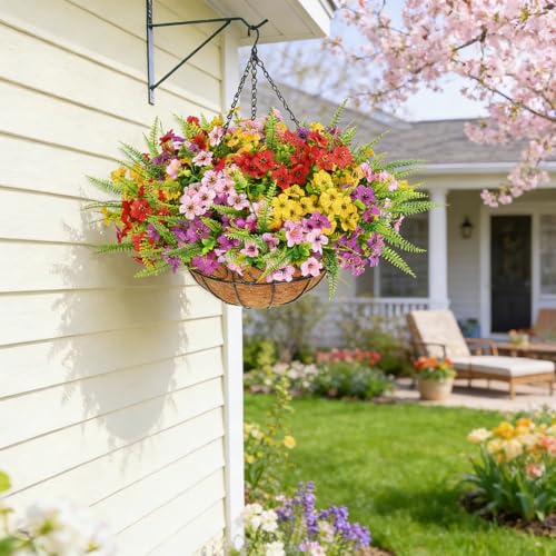 Elyum 2 Pack Artificial Hanging Flowers for Outdoors, UV Resistant Fake Flowers with Hanging Baskets, Artificial Flowers for Decoration Outdoors Garden, Spring Decor for Patio Porch(Mixed Color) - color: Red Pink Yellow Green, size: 2 Pack
