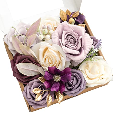 Ling's moment Artificial Flowers and Greenery Combo Box for DIY Lilac & Cream Wedding Bouquet Centerpieces Floral Arrangement Decor - color: Lilac & Cream