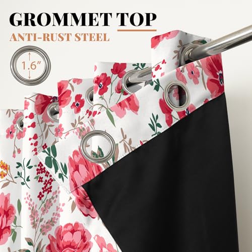 Renaiss Pink Rose Floral Curtains Red Peony Flowers Blackout Window Curtains for Bedroom Thermal Insulated Living Room Window Drapes 29W x 45L Inches 2 Panel Set, Grommet Top - color: Pink & Green, size: 29"W x 45"L (Pack of 2)
