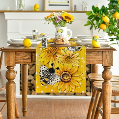 Artoid Mode Yellow Sunflower Bee Flower Polka Dot Summer Table Runner, Seasonal Kitchen Dining Table Decoration for Indoor Party Home 13x72 Inch - color: Yellow, size: 13" x 72", Table Runner