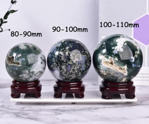 Large Moss Agate Crystal Sphere Natural Healing Crystal Ball with Stand Meditation Decorative Balls Home Decor 90-100mm/3.5-3.9" - color: Moss Agate, size: 3.5 - 3.9 inches
