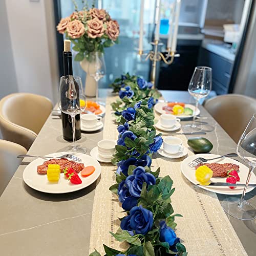 4 Pack (32FT) Artificial Rose Vine Fake Flowers Garland Hanging Silk Rose Ivy Plants Vine for Wedding Arch Party Garden Home Bedroom Office Wall Aesthetic Art Décor (Royal Blue) - color: Blue