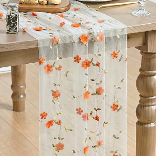 Artoid Mode Orange 3D Flower Gauze Embroidery Table Runner 120 Inch 10FT, Tulle Seasonal Spring Kitchen Dining Holiday Table Decor for Home Party - color: White-orange