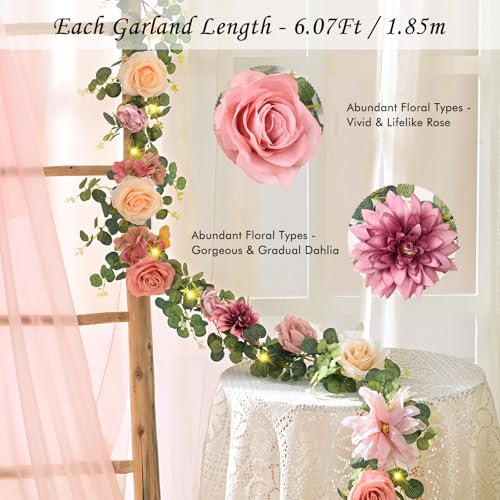 Waipfaru Artificial Flower Garland with Lights, 6.07Ft Lighted Eucalyptus Greenery Garland, Pink Rose Floral Vines for Wedding Table Runner Centerpieces Backdrop Decor - color: Dusty Pink-lights-6.07ft, size: 1 Pack