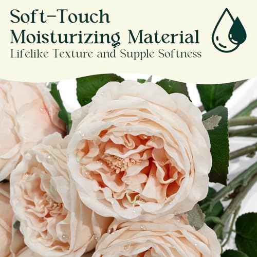 4 Pcs Real Touch Peonies Artificial Flowers, 3.5'' Big Bloom Austin Rose Peony Latex Fake Flower with Stems for Wedding Bouquet Party Valentines Arrangement Home Kitchen (Champagne) - color: Champagne