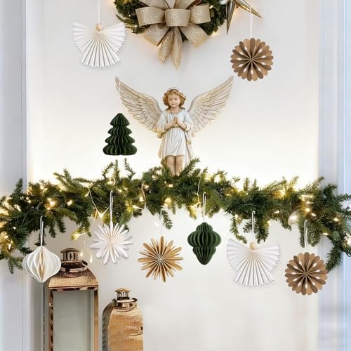 PAPER JAZZ Paper Ornaments for Christmas Tree,Angel Christmas Ornaments with Green Honeycomb Christmas Tree,Gold White Paper Snowflakes Hanging for Christmas Party,New Year,Wedding. - color: Angel