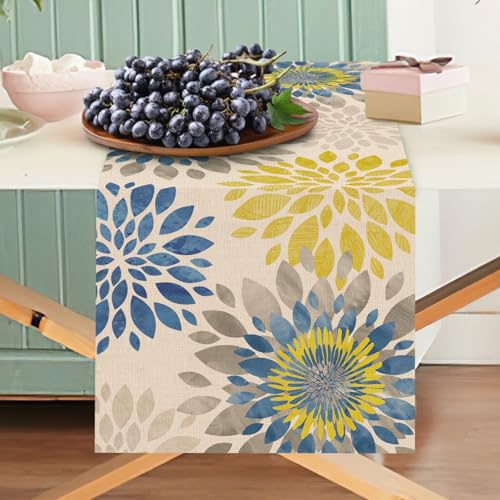 Geometric Dahlia Flower Dining Table Runner, Blue Yellow Floral Modern Art Burlap Kitchen Decoration, Spring Summer Farmhouse Indoor Outdoor Home Decor Party Supply 13 x 36 Inches - color: Dahlia, size: Table Runner 13''X36''