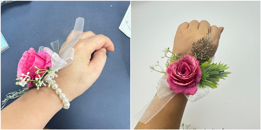 Rose Wrist Corsage Wristlet Band and Men Boutonniere Set, Corsage for Prom, Bride Hand Flower, Wedding Flowers Ceremony, Wedding Party Prom Decor, Handmade Petals Hair Hat Wreath, Rose Red, 2 Pack - color: Rose Red