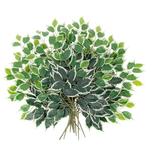 12PCS Ficus Leaves Artificial Branches 24" Faux Ficus Greenery Tree Branches Fake Ficus Leaves Sprays for Tree DIY Arch Wedding Wall Decor - Green & White - color: 24inch-12pcs/Green & White