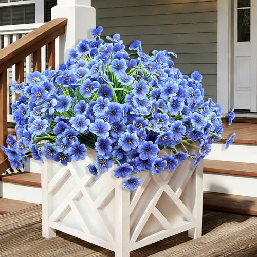 20 Bundles Artificial Flowers for Outdoors,UV Resistant Fake Flowers with Plastic Plants,Silk Faux Fowers for Outdoor Planters,Fake Realistic Flowers Window Box Front Porch Hanging Basket Decor-Blue - color: Blue