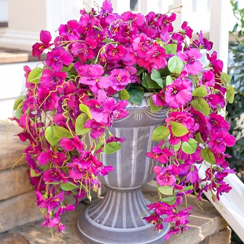 Fake Hibiscus Artificial Hanging Flowers Plants for Outdoors Spring Decoration, 4pcs Silk Hibiscus Vines Realistic UV Resistant Faux Flowers for Outside Planter Porch Patio Yard Wedding Party, Fuchsia - color: Fuchsia, size: 4 pcs