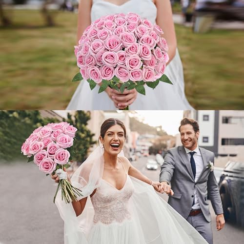 Sggvecsy 50 Pcs Artificial Roses Fake Flowers Velvet Silk Roses with Stems Bulk Realistic Faux Flowers for Bridal Bouquets Wedding Centerpieces Valentines Day DIY Home Party Decor (Pink) - color: Pink