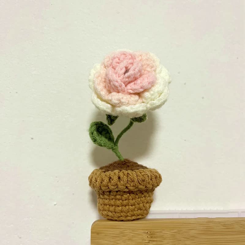 JOONOR 3PCS Mini Crochet Tulip Potted Plant,Knitted Fake Rose Puff Flower for Bathroom Home Kitchen Rustic Table Centerpiece Shelf Decor - color: Color#3