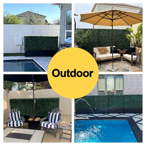 Artificial Boxwood Hedge Wall with Black Steel Planter Box, Outdoor Greenery Fake Faux Grass Panels, Privacy Divider Fence for Patio, 50" Lx48 Hx14 D - size: 50" Lx48" Hx14" D