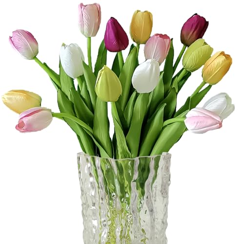 12pcs Tulips Artificial Flowers Real Touch Silk Faux Flowers Tulip Stems for Wedding Spring Bouquet Floral Arrangement Home Party Office Decorations (White Pink Yellow Green) - color: White Pink Yellow Green