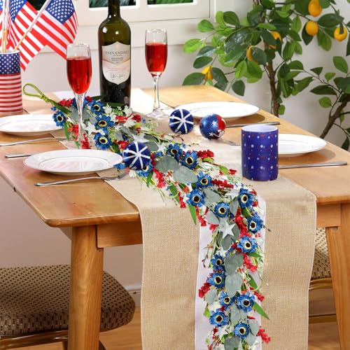6.5Ft Patriotic Garland, Artificial Red White Blue Wildflower 4th of July Garland, Independence Day Memorial Day Hanging Floral Garland for Mantle Fireplace Porch Table Home Decor - color: Red White and Blue01