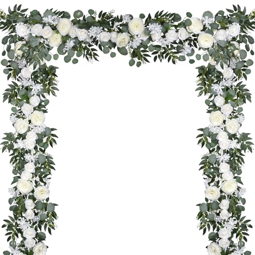 Lvydec 2 Pack Artificial Peony Flower Garland - 6ft Silk Peony Vine Willow Leaves and Eucalyptus Garland White Arch Flower Vine for Wedding Party Table Decoration (White) - color: White