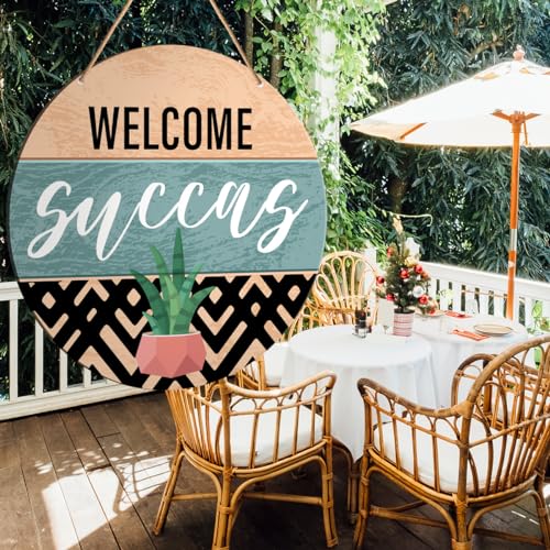 Muktoujaumai Welcome Sign Front Door Decor, Welcome Round Hanging Sign Decor Boho Decorations Succulent Wall Wood Sign for Door, Porch, Home, Plant Lover Gift, Welcome Succas - color: Y5