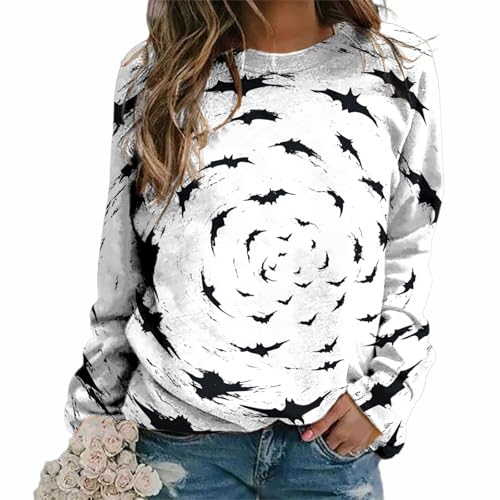 MARSVOVO Long Sleeve Halloween Shirts For Women Novelty Halloween Print Crew Neck Casual Fall Sweatshirt For Women - color: Bats White, size: Small