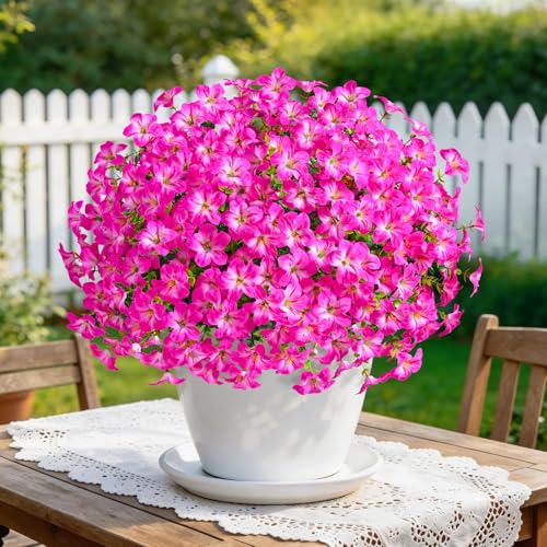 MARTINE MALL 12 Bundles Look Real Artificial Flowers for Outdoors, Realistic Fake Outdoor Flowers, UV Resistant Silk Petunia Flowers for Outside Faux Flowers for Outdoor Garden, Rose Red - color: Mixed Rose Red, size: 12 Bundles