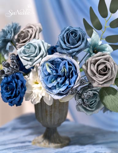 Dusty Blue Flowers Artificial Roses Combo Set Fake Royal Blue Silk Flowers Faux Peony Flowers Mix Dahlia with Stems for Wedding Bouquets Baby Bridal Shower Party Floral Arrangements Decor - color: Dusty Blue, size: The Modern Classic
