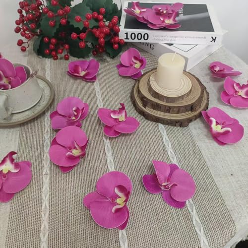 Fake Purple Orchids Artificial Flowers Heads, 3.5''Fake Orchid Heads for Wedding Floral Bouquet Decor DIY Craft Making Bridal Shower Photography Props (80, Rose red) - color: Rose Red