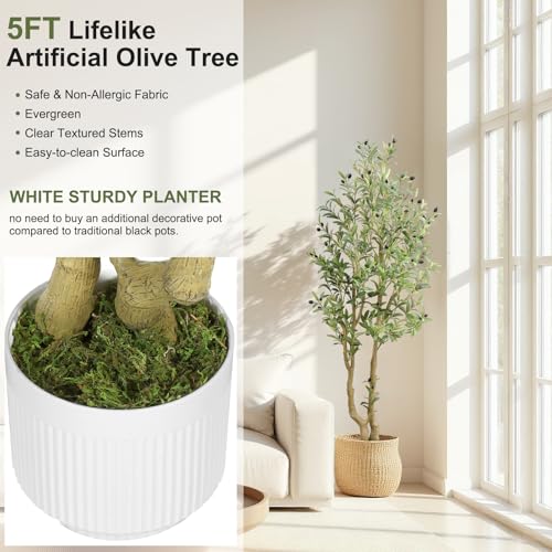 HZXGCP Olive Tree 5ft, Artificial Olive Tree with White Pot, Fake Tree with 1152 Dense Leaves & 64 High-Simulated Olive Fruits - Easy Assembly, Low Maintenance (Olive Tree 5ft) - color: Olive Tree 5ft