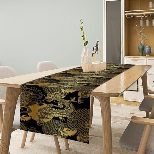 Chinese Dragon Table Runner, Black Gold Oriental Culture Art Japanese Design Print Table Runner for Kitchen Dining Wedding Party Holiday 13x36in - color: Aisa-5, size: 13x36in